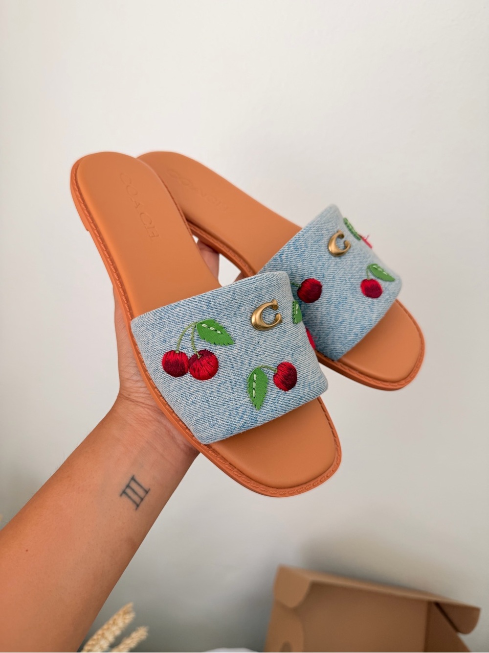 Coach Denim Cherry Slide Sandals - Blue/Tan/Red/Green